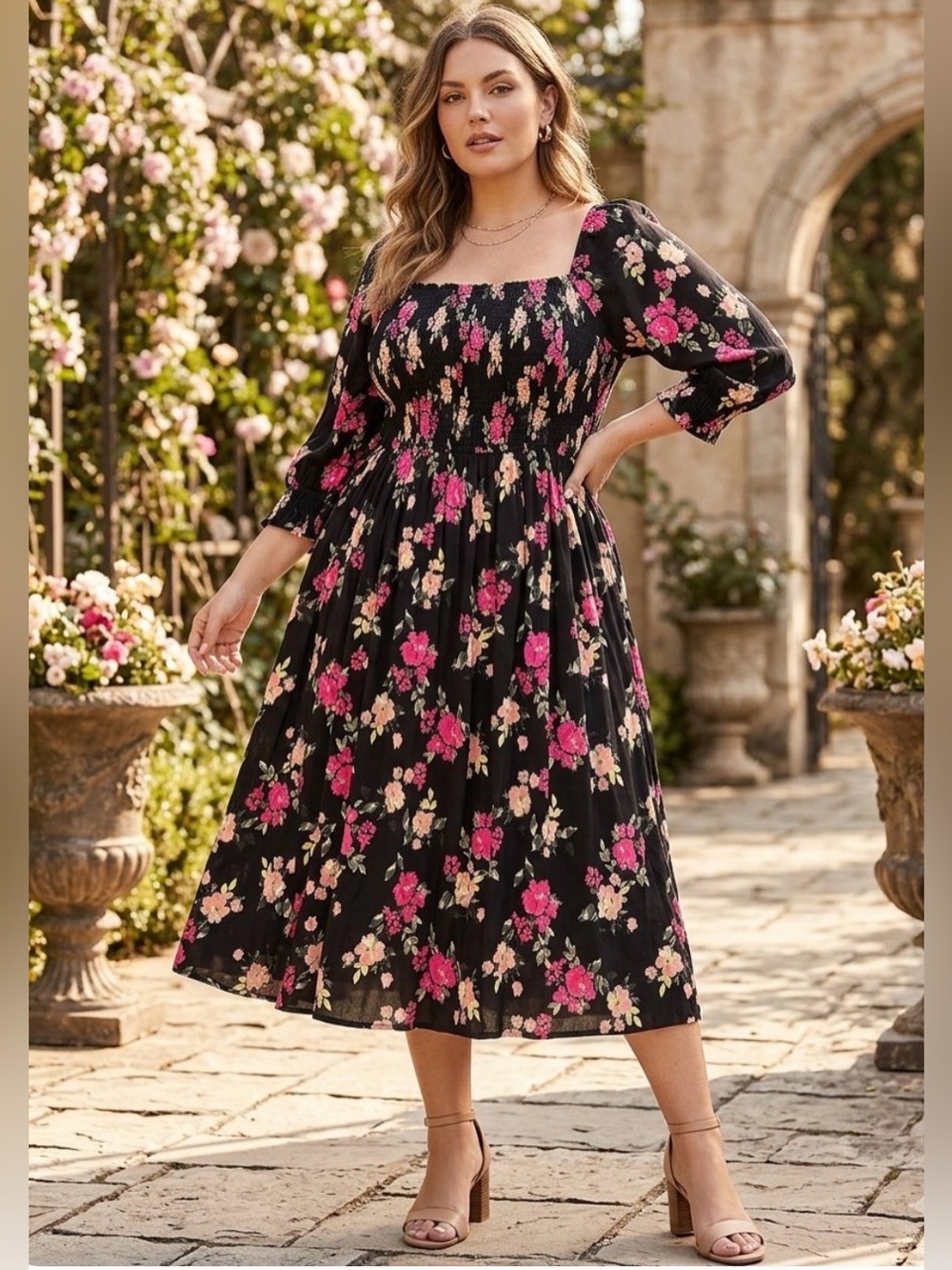 torrid Black Floral Smocked Dress with Pink & Cream Blooms PTP 20’